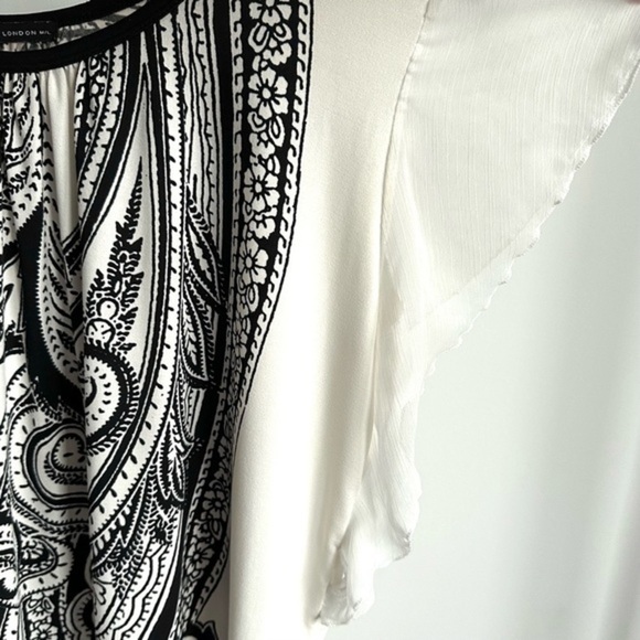 QED London Boho Tunic Top Dress White Black Paisley Flutter‎ Ruffle Sleeves - L - Picture 7 of 14